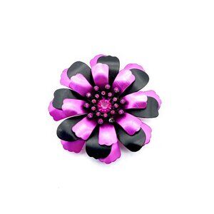 Purple and Black Flower Brooch, Vintage Anodized Aluminum with Crystal Sparkle